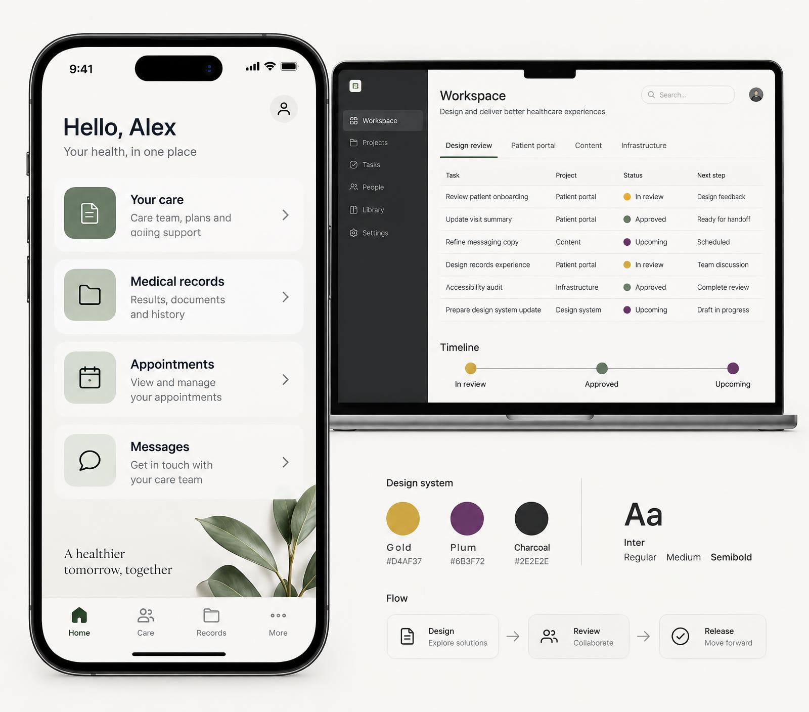Illustrative native mobile care app and enterprise workspace, with a supporting design system and design-to-development flow
